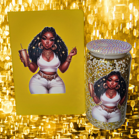 Glitter & Gold Tumbler/Journal Set (16 oz Glass Mug)