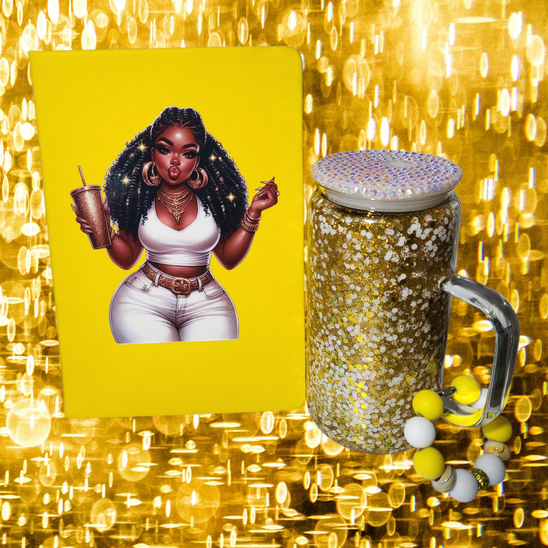 Glitter & Gold Tumbler/Journal Set (16 oz Glass Mug)